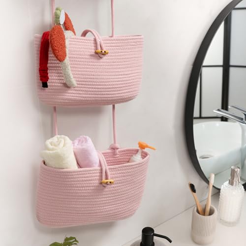 TeoKJ Over the Door Hanging Baskets with Button Strap, 3-Tier Woven Cotton Storage Organizer Bag, Wall-Mounted with Hook Decorative Hanging Nursery Baskets - Pink - color: Pink, style: 3 tier+Button