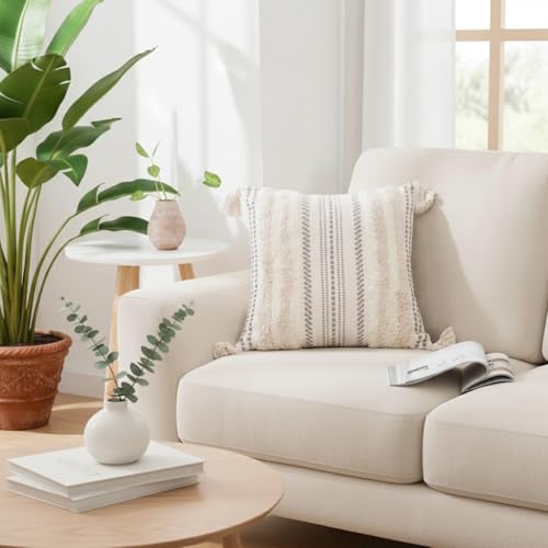 decorUhome Summer Decorative Boho Throw Pillow Cover 18x18, Accent Neutral Textured Tufted Pillow Cover Striped for Couch Bed Sofa, Beige and Cream White, Pack of 1 - color: Beige and Cream White, size: 18" x 18" (Pack of 1)