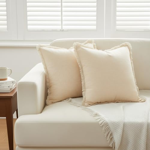 Sunday Praise Set of 2 Linen Fringe Decorative Pillow Covers 20x20 Inch Farmhouse Accent Boho Throw Pillow Cases with Tassels Cozy Soft Square Cushion Covers for Couch Sofa Bed Home Decor,Beige - color: Beige, size: 20" x 20" (Pack of 2)