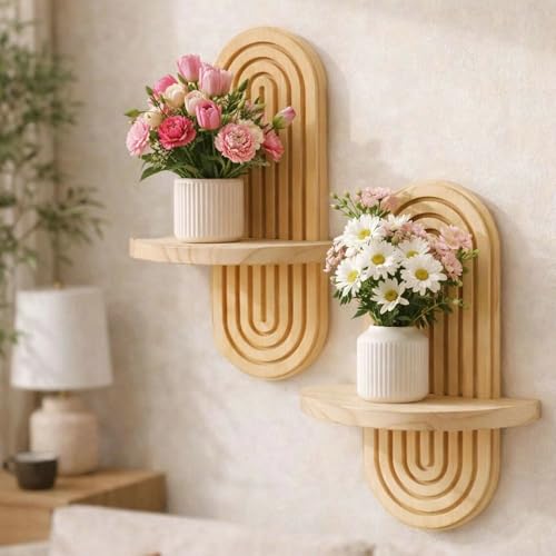2 Pcs Wood Boho Arched Wall Shelf for Mini Plants & Decor (11.8" X 7.8") | Max 11 lbs Load, Moisture-proof, Space-saving. For Living Room, Entryway, Bedroom, Bathroom to Hold Succulent & Small Objects - size: 11.8" X 7.8"