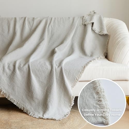 Simple&Opulence 100% Linen Throw Blanket 55x75 inches, Farmhouse Boho Tassel Blanket for Couch, Bed, Sofa, Breathable Natural Cozy Décor, Linen - color: Linen