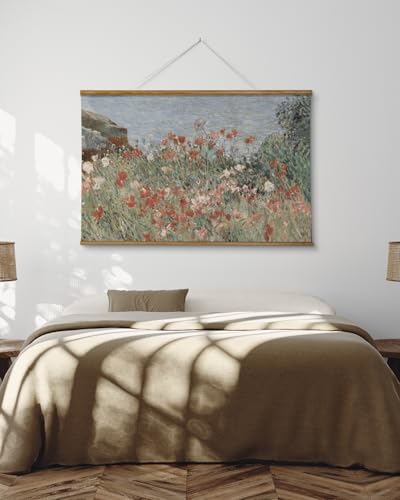 ARPEOTCY Extra Large Vintage Framed Wall Art, 36x54 Inch Retro Seaside Wildflower Hanging Framed Canvas Print Artwork, Rustic Landscape Living Room Decor, Farmhouse Above Bed Wall Decor - color: Beachside Poppies