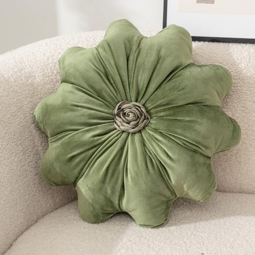 15.7 Inches Round Throw Pillows Velvet Flower Chair Cushion for Couch Sofa Chair Bed Home Decoration - color: Green