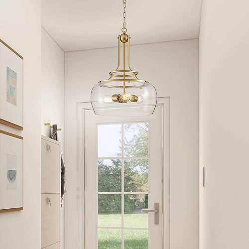 WUZUPS Chandelier Rustic Farmhouse Industrial Round Ceiling Pendant LED Light Fixture Clear Seeded Glass Shade for Dining Room Kitchen Island Foyer Entryway, H 20.9" x W 15.9", Gold - color: Pendant Light, Gold, 3-Light, size: H 20.9" * W 15.9"