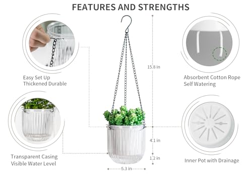Josteve 5.2 Inch 2 Pcs Self Watering Hanging Planter Indoor Plant Pots Drainage Holes, Outdoor Small Hanging Planters Flower Pot Basket, Visible Water Level, Plant Hanger Home Decor, Gardening - color: White, size: 2*5.2 inch