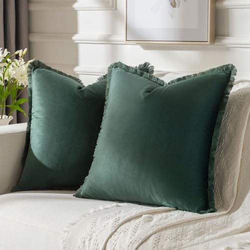 FUTEI Army Green Velvet Decorative Throw Pillow Covers 24x24 Set of 2,Soft Cozy Edge with Tassels European Cushion Case,Boho Modern Home Decor for Couch Bed Living Room - color: Army Green, size: 24" x 24" (Pack of 2)