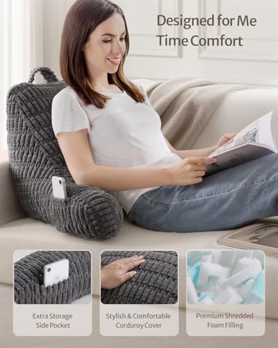 Blissful Diary Reading Pillow, Backrest Pillow with Shredded Memory Foam for Adult & Children, Designed for Bed and Couch Sitting Up, Includes Arms, Pockets and Washable Cover, Dark Gray - color: Textured Dark Gray, size: Standard(18inch)