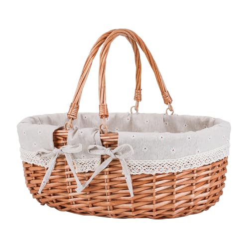 Large Wicker Picnic Basket with Handles,Handle Sturdy Woven Body with Removable and Washable Lining,Outdoor Camping,Gift Packing,Garden Picking, Storage.White Flower - color: White Flower
