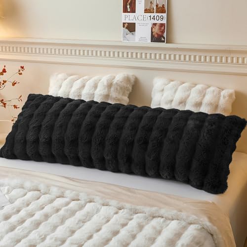 LIFEREVO Fluffy Faux Rabbit Fur Body Pillow Cover, Luxury Bubble Waffle Shaggy Plush Bed Body Pillowcase with Zipper Closure, Long 20"x54" Fuzzy Furry Pillow Case for Adults Kids Girls Teens, Black - color: Black