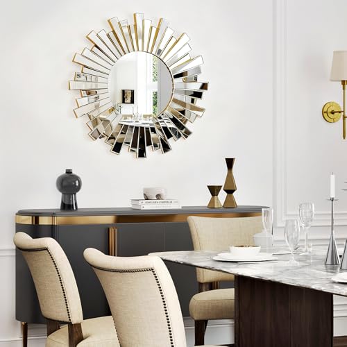 Silver Sunburst Wall Mirror, 26" Decorative Round Accent Mirror with Beveled Mirrored Frame, Modern Glam Luxury Wall Decor for Living Room, Bedroom, Entryway, Dining Room and Fireplace - color: Modern Sliver