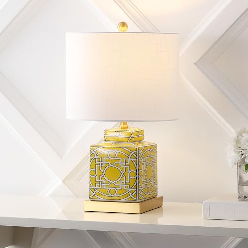 JONATHAN Y 22" Yellow/White Modern Ceramic Ginger Jar Table Lamp for Nightstand, Square Lattice Transitional Chinoiserie Lamp for Living Room, White Linen Shade, LED Bulb (JYL3044C) - color: Yellow/White