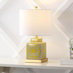 JONATHAN Y 22" Yellow/White Modern Ceramic Ginger Jar Table Lamp for Nightstand, Square Lattice Transitional Chinoiserie Lamp for Living Room, White Linen Shade, LED Bulb (JYL3044C) - color: Yellow/White