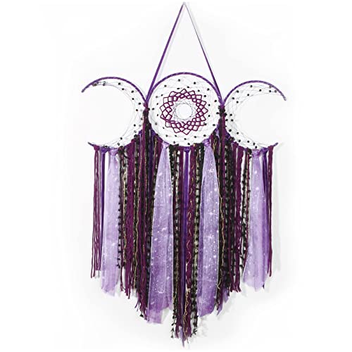 ANROYE Purple Triple Moon Goddess Macrame Wall Hanging, Boho Wiccan Crescent Dream Catcher, Bohemian Dreamcatcher for Women,Woven Pagan Tapestry Decor for Bedroom Witch Decoration - color: Mystic Purple