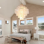 Coastal Capiz Shell Chandelier 24 inch Gold Natural Seashell Farmhouse Boho Chandelier 4-Light Pendant Light Fixture for Living Room Foyer Kitchen Island Entryway Dining Room Bedroom,LED Bulb Included - size: 24 inch