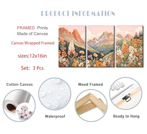 3Pcs Boho Mountain Canvas Wall Art Vintage Wildflower Mountains Poster Prints Abstract Nature Landscape Picture Nature Botanical Paintings Artwork Wall Decor for Living Room Bedroom 12x16in Framed - color: Wildflowers, size: 16"L x 12"W