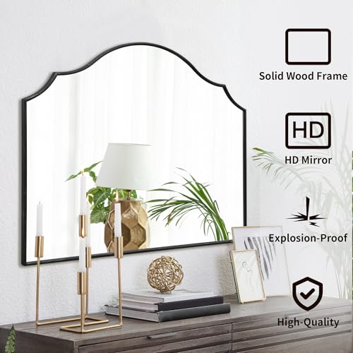 Besdomus Scalloped Arched Mirror for Mantel: 35"x26" Black Modern Wooden Wall Mirror - Minimalist Decorative Dresser for Vanity/Bathroom/Bedroom/Fireplace/Living Room/Entryway - Stylish Home Decor - color: Black, size: 26"L x 35"W