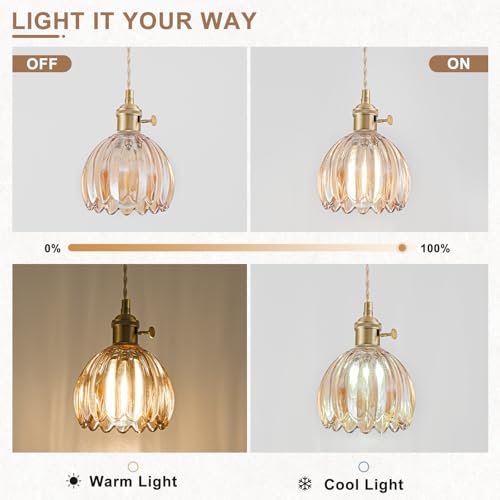 Plug in Pendant Light Fixtures, Hanging Light Fixture Vintage Glass Pendant Light, Mini Amber Tulip Hanging Lamp, Pendant Lighting for Kitchen Island, Bedroom, Dining Room, Living Room - color: Tulip Amber