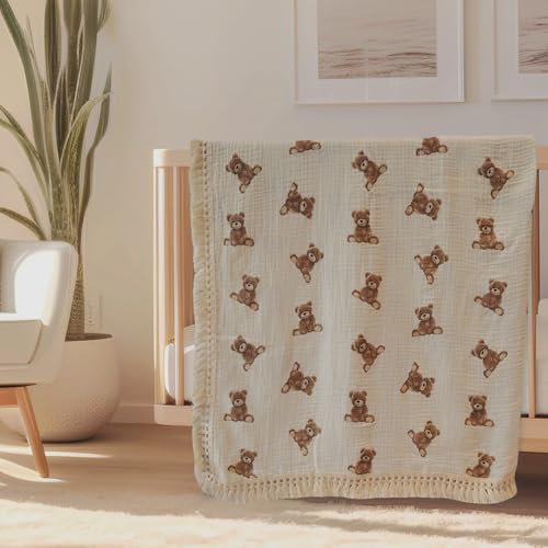 Little Jump Cotton Muslin Swaddle Blankets with Tassel, Boho Bohimia Muslin Baby Blanket Neutral with Fringe, Vintage Teddy Bear Nursery Decor Muslin Throw Blanket 47" x40" (Teddy Bears) - color: Teddy Bears