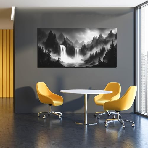 HUBOSKN Waterfall Pictures Wall Decor for Living Room - Mountain Wall Art for Office - Black and White Canvas Wall Art for Bedroom Size 24" x 48" - color: Black and White, size: 48"L x 24"W