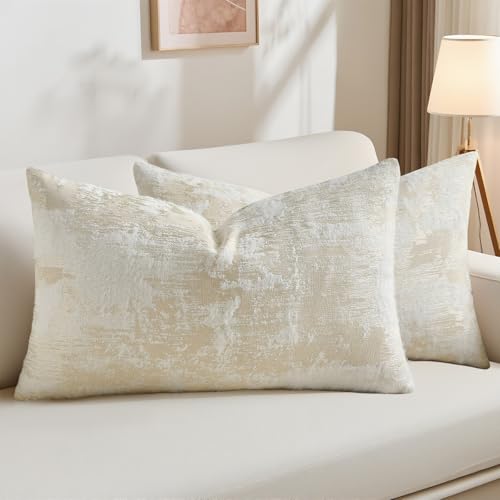 HAUSSY 2 Pack Lumbar Throw Pillow Covers 12x20 Inch,Faux Cashmere Jacquard Decorative Patten Furry Pillowcases Textured & Soft Cushion Covers for Couch Bed Room Home Decor,Beige White(Covers Only) - color: Beige White, size: 20" x 12" (Pack of 2)