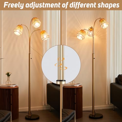 Gold Rattan Floor Lamp for Living Room, 72 Inch Tall Boho Floor Lamp with Rotary Switch, 3 Lights Arc Lamp with Wicker Shade for Coastal,Bohemian,Modern,Tree Farmhouse Standing Lamp - color: Gold