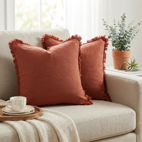 Sunday Praise Set of 2 Linen Fringe Fall Decorative Pillow Covers 18x18 Inch Farmhouse Accent Boho Throw Pillow Cases with Tassels Cozy Soft Cushion Covers for Couch Sofa Bed Home Decor,Rust Orange - color: Rust Orange, size: 18" x 18" (Pack of 2)