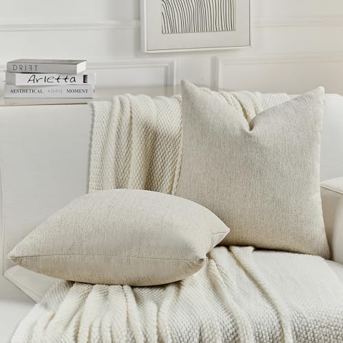 FUTEI Pack of 2 Chenille Decorative Throw Pillow Covers 24x24 Inch,Soft Cozy Faux Linen Textured European Pillow Shams,Farmhouse Home Decor for Couch Living Room,Natural Linen - color: Natural Linen, size: 24" x 24" (Pack of 2)