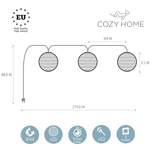 Cobus CozyHome Lantern String Lights Outdoor - 20 Lantern LEDs & 23 ft with 8 Modes | Warm White Outdoor Lampion String Lights Electric Lighting 23 ft Christmas Light - size: Plug - 20 Lanterns - Remote Control
