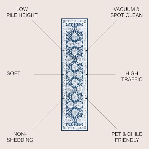 JONATHAN Y Cherie French Cottage Navy/Ivory Runner Rug, 2x10, Vintage, Bohemian, Easy-Cleaning for Living Room, Bedroom, Kitchen, Pet Friendly, Non-Shedding (MDP505E-210) - color: Navy/Ivory, size: 2' x 10' (Runner)