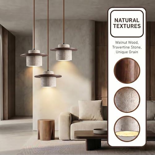 Wabi Sabi Pendant Light, Japandi Ring Light Fixture, Modern Farmhouse Travertine Chandelier Pendant Lighting - Yellow Stone & Walnut Wood (Walnut 3-Light,7.9IN-C) - color: Walnut 3-Light, size: 7.9IN-C