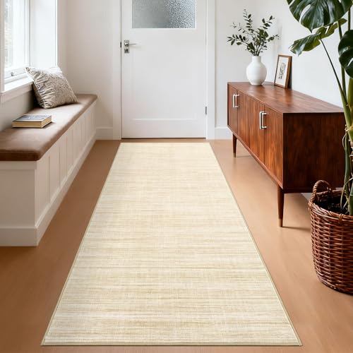 Hallway Runner Rug 2.5x8 Washable Non Slip Kitchen Runner Rugs Low Pile Modern Solid Color Living Room Rugs Minimalist Plain Entry Long Runners Boho Accent Solid Runner Rugs for Bedroom Nursery, Beige - color: Beige, size: 2'6" x 8' (Runner)