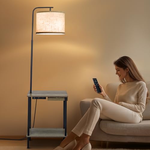 EOEYYOYB Floor Lamp with Table & Drawers, End Table Lamp with USB Charging Portt Power Outlet and Shelves, Side Table Reading Light with 3 Color Temperature Led Bulb Included for Living Room, Gray - color: Gray (with Drawer)