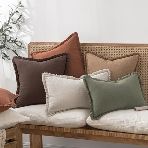MIULEE Decorative Throw Pillow Covers Neutral Linen Fringe Throw Pillows Set of 2 Dark Brown Boho Farmhouse Cushion Covers with Tassels for Couch Sofa Bed Living Room Spring Decor 18x18 Inch - color: Dark Brown, size: 18" x 18" (Pack of 2)