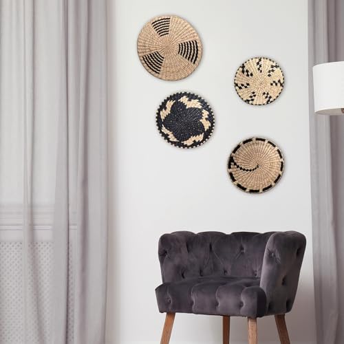 Round Wicker Basket Wall Decor, Set of 4 Hanging Woven Wall Basket Decor Black, Boho Wall Basket Decor Art for Farmhouse Living Rooms Bedrooms Display