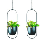 Modern Metal Hanging Planters with 6 Inch Pots and Sleek Chains - Set of 2 Oval Geometric Plant Hangers - Black Wall and Ceiling Mount Flower Holders for Indoor Décor - size: OVAL-6 INCH POT-V2