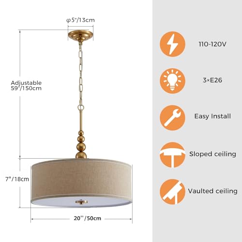 Shrine Lighting Drum Chandeliers, Farmhouse Style, Perfect Drum Pendant Light for Dining Room, D20'' x H7'', Adjustable Chains 59'', E26*3 Sockets, Beige Linen Fabric Lampshade & Gold Rod - color: Beige&Gold D20''