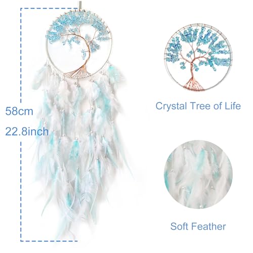 White and Cyan Dream Catcher with Tree of Life | Handmade, Wall Decor, Wall Hanging Ornament, Bedroom Living Room Home Decor