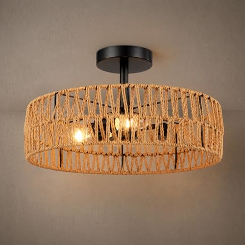 Hamilyeah Boho Woven Flush Mount Ceiling Light Fixture, 16 inch Rattan Light Fixture Ceiling Mount for Living Room, Bedroom, Kitchen - color: Black 16INCH Semi Ceiling Light