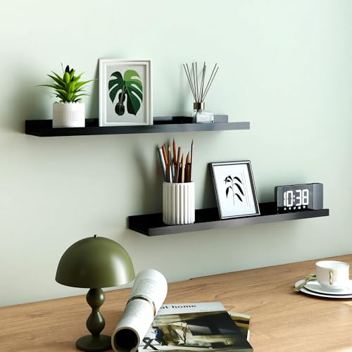 Long Floating Shelves for Wall Decor, Long Wall Mounted Storage Shelf for Bedroom, Living Room, Bathroom, Kitchen, Nursery, Display Picture Ledge Shelf with Lip Set of 2-24 Inches, Black - color: Black, size: 23.6in