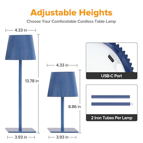 LUTEC 4 Pack Cordless Table Lamp,6000mAh Rechargeable Battery Operated Desk Lamp,Two Adjustable Heights,Waterproof, Touch Control & 3 Color Stepless Dimming for Restaurant/Bedroom/Bars/Outdoor (Blue) - color: Blue