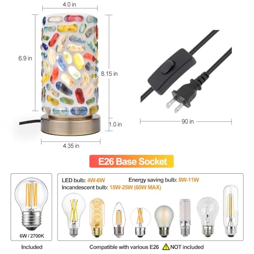 Handmade Turkish Mosaic Table Lamp, Cylinder Stained Pebbles Glass Pieces Nightlight with Antique Brass Base, Colorful Boho Accent Lamp for Bedroom, Living Room, Meditation Decor, LED Bulb Included - color: Pebble