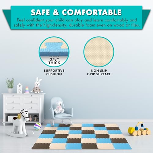 ProSource Baby Play Mat, Soft Foam Floor Tiles for Kids, Interlocking EVA Panels for Playpen Use, Crawling Development Surface, Safe Non-Toxic Toddler Flooring, 32 Tiles, Blue/Brown/Beige - color: Blue/Brown/Beige, size: 32 Tiles