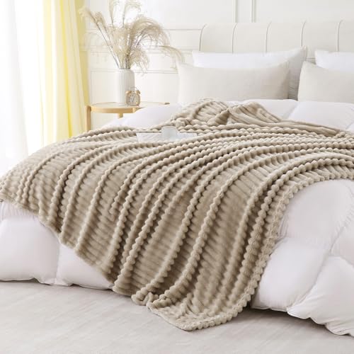 Khaki Throw Blanket for Couch Sofa 90x90 inches Striped Fleece Blankets Room Home Decor Lightweight Plush Soft Cozy Gifts for Women Mom Girls - color: Khaki, size: Queen(90"x90")