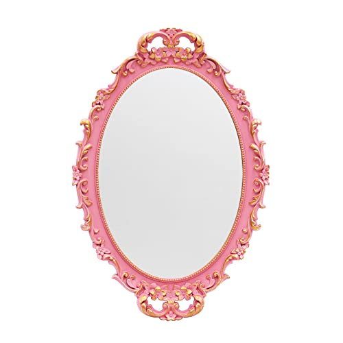 Tstarer Vintage Decorative Pink Framed Mirror, Wall Hanging Mirrors & Tabletop Tray for Bedroom Living Room Dresser Decor, Oval- 9.6" W x 14.3" L (Pink) - color: Pink