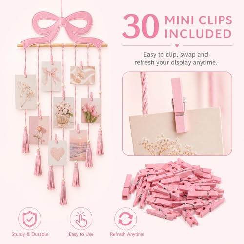 Pink Bow Hanging Photo Display Pink Bow Wall Decor Macrame Wall Hanging Coquette Picture Holder with 30 Clips for Teenage Girl Gift Room Decor Bedroom Graduation Wedding Coquette Party - color: Pink, style: Pink Bow