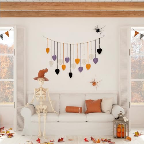 LB Fall Large Macrame Wall Hanging, Black Chic Feather with Wood Beads Boho Woven Tapestry Wall Hanging Macrame Wall Decor Handmade Purple Leaf Wall Art for Living Room Bedroom Nursery,47x30 Inch - color: Purple Orange