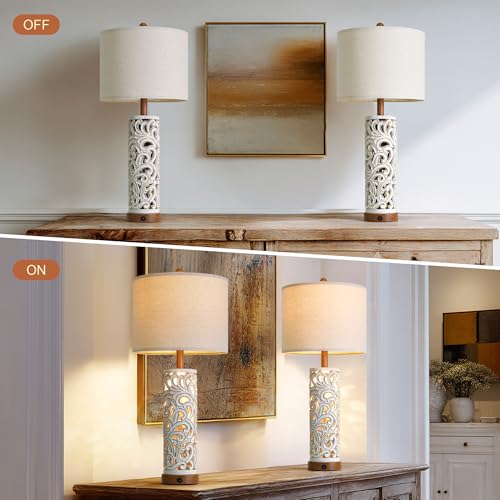 OYEARS 2-in-1 Light Table Lamp Set of 2 for Living Room, 28.5" Farmhouse Bedside Lamps with USB Charging Port, Main&Night Light & Dual Switches, Nightstand Lamp for Bedroom Home Office(Bulb Included) - color: Washed White and Brown