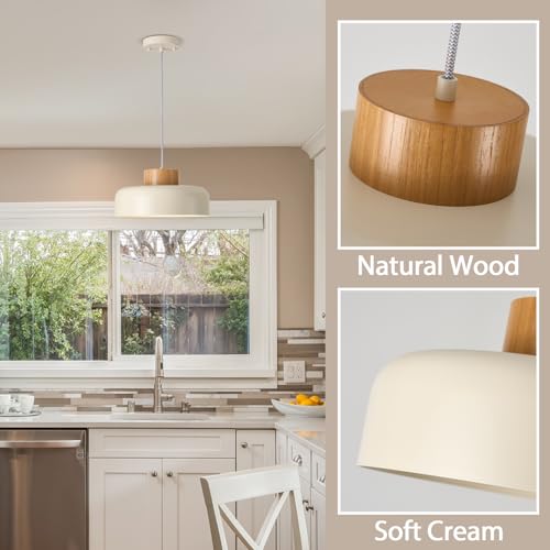 Modern Pendant Lights,12.6 inch,Natural Wood Cap,Simple Hanging Light Fixture for Kitchen Island,Dining Room - color: Cream, size: 12.6 inches