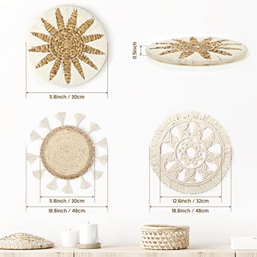 Unittype 3 Pcs Boho Wall Basket Decor, 12 Inch Rattan Wicker Wall Hanging Decoration, Round Handmade Flat Elegant Woven Tapestry Art Basket for Home Bedroom Living Room Kitchen