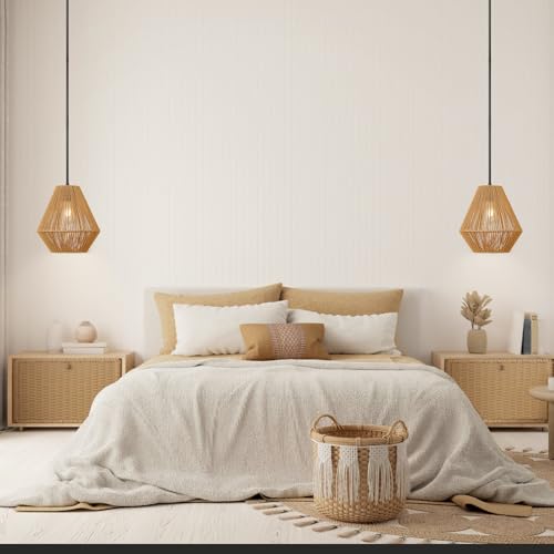 LynPon 12“ Boho Rattan Pendant Light with Rod Hanging, Black Boho Light Fixture with Hanging Lamp Shade, Farmhouse Coastal Wicker Pendant Light for Kitchen Dining Room Bedroom Hallway Foyer Bathroom - color: 12" Black and Natural